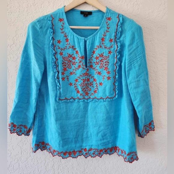 J Crew 100% Linen Tunic Blouse Top in Monaco Blue Size Small - Picture 2 of 9